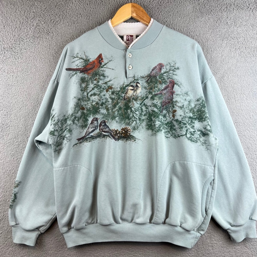 Art Unlimited Sportswear Bird Graphic Henley Sweatshirt Blue XL Vintage Made USA